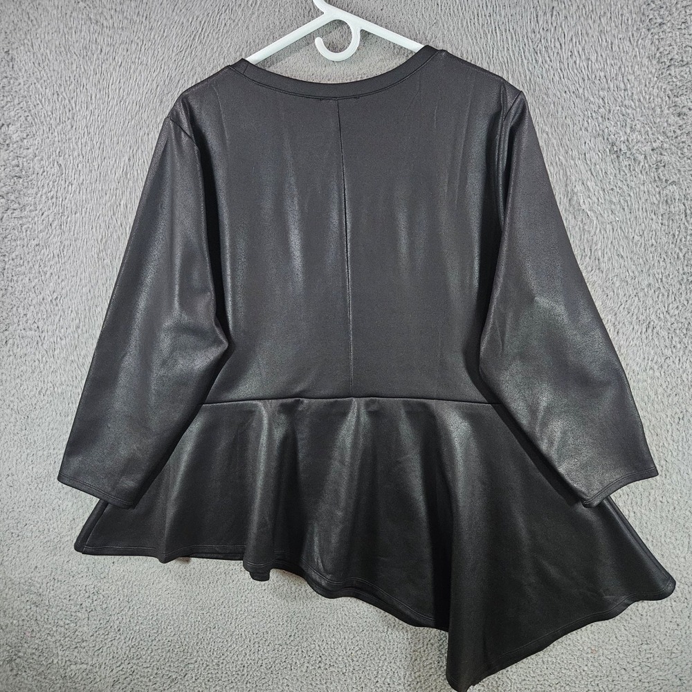 Lane Bryant Faux Leather Peplum Top Black Asymmetrical Hem 3/4 Sleeve Plus 22/24 - Picture 6 of 9